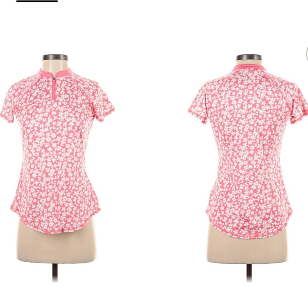 Jofit Top Quarter Zip Mock Neck Polo Women's Medium White Pink Floral UPF 50+ - Picture 2 of 5
